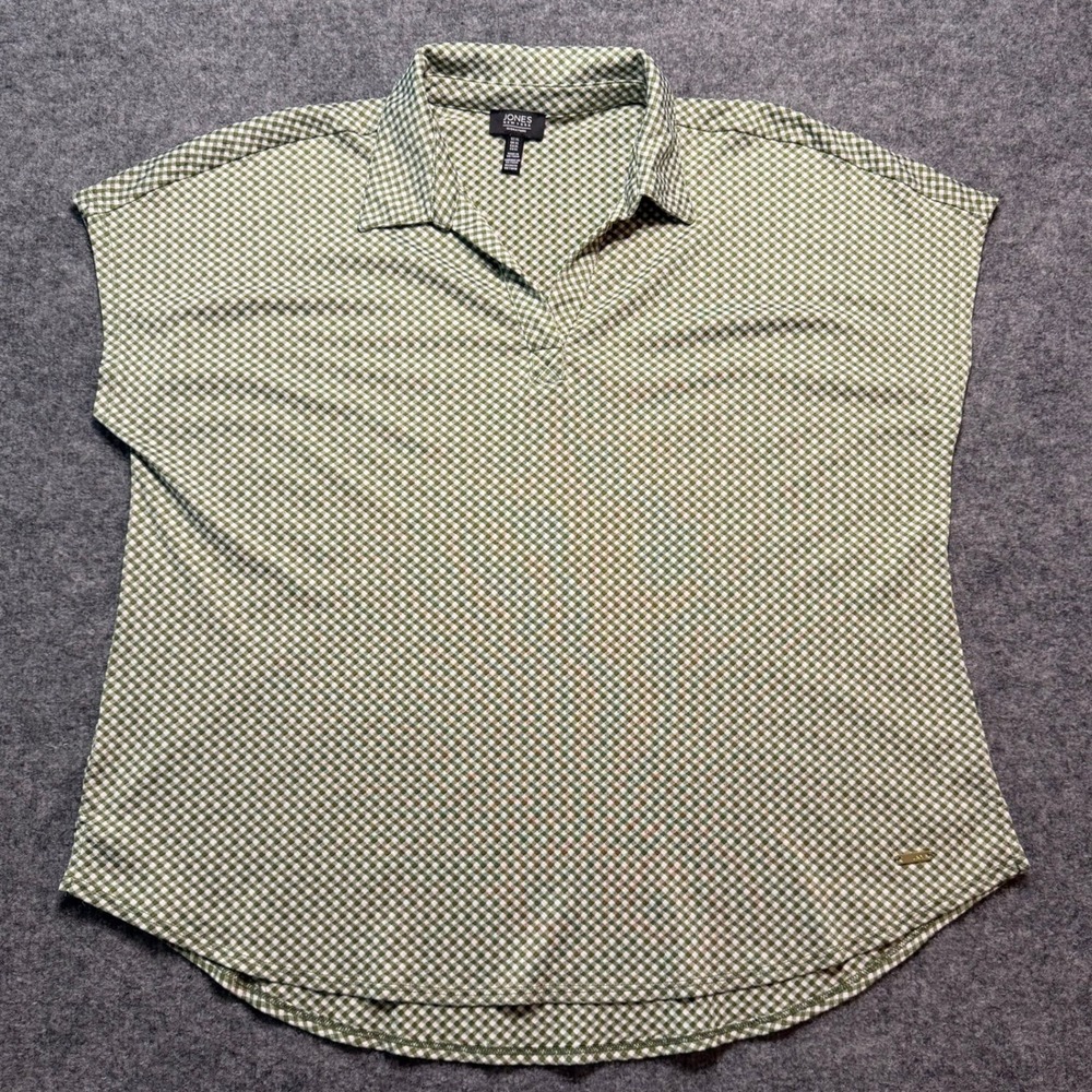 JONES NEW YORK SIGNATURE Green Gingham Check Short Sleeve V-Neck Blouse XL